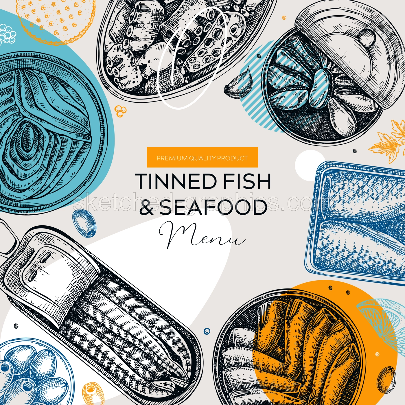 Collage-style tinned fish table design. Hand-drawn seafood restaurant menu. Canned fish and shellfish vector frame. Vintage sardines, caviar, mackerel, tuna, mussels vector food illustration Illustration